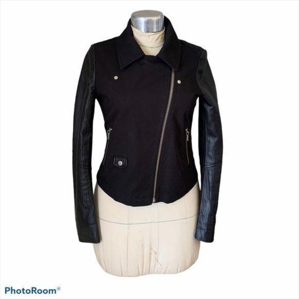 Mackage Moto Biker Jacket Debra Cotton Canvas Leather Black SP